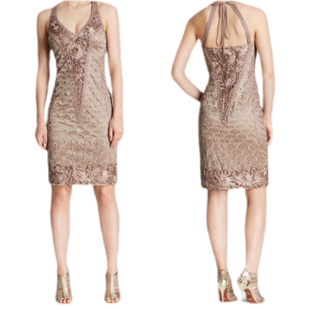 Sue Wong Taupe V-Neck Cocktail Short Dress 10 I414